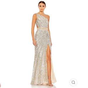 MAC DUGGAL - SEQUINED ONE SHOULDER DRAPED LACE UP GOWN